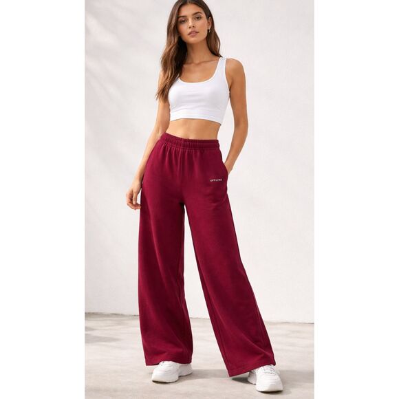Pants - OFFLINE Aerie Cloud Fleece Baggy Trouser Burgundy Wide Leg Pants Womens XS Short